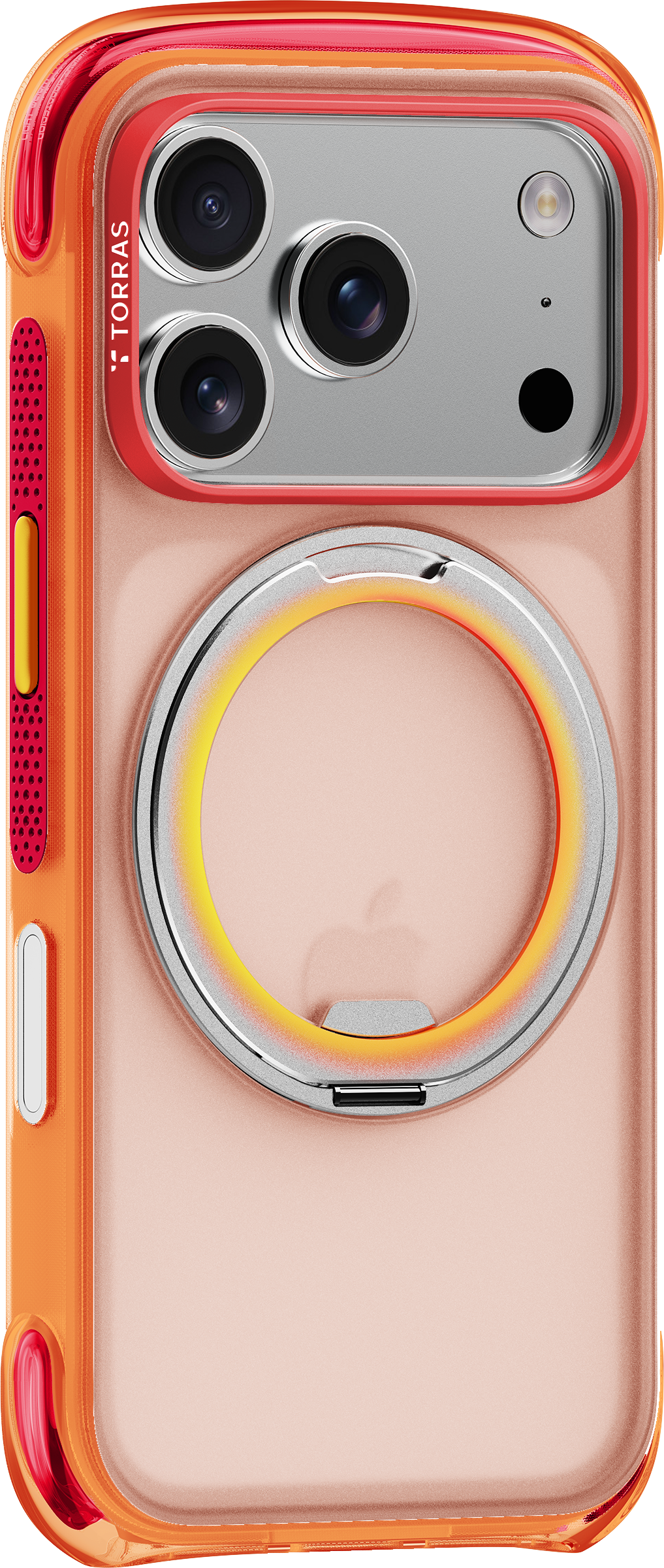 TORRAS Ostand O3 Air Core case for iPhone 18 Pro/Pro Max in peach with a gradient metal ring