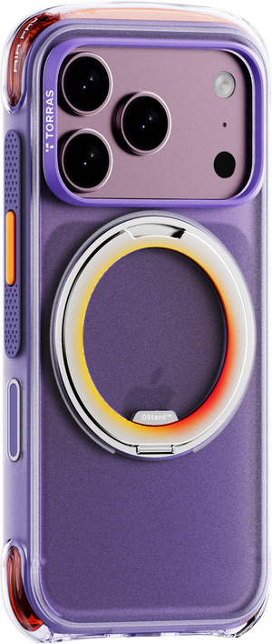 TORRAS Ostand O3 Air Core case for iPhone 18 Pro/Pro Max in purple with a gold-orange ring